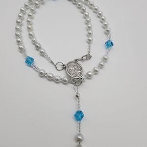 San Joseph Rosary/Necklace Sky Blue and white Crystal Beads Italian 20"